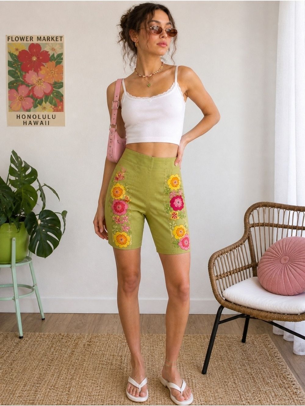 Vintage Green Hand Painted Floral Beaded Bermuda Shorts Y2K Boho Small